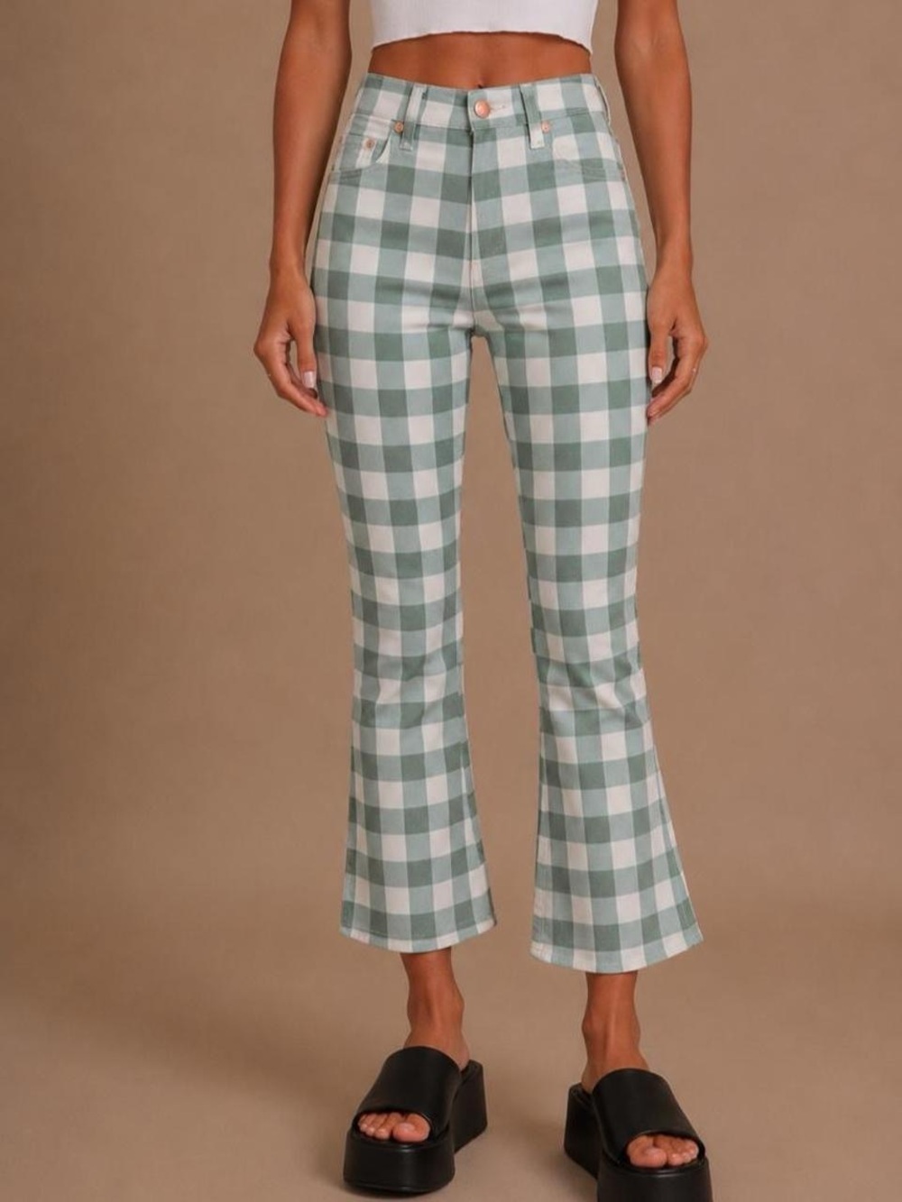 Wrangler Green and White Gingham High-Waist kick flare jeans - Picture 2 of 7